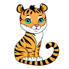 Cute cartoon tiger vector illustration isolated on white.  Clipart  for nursery poster, t shirt print, kids apparel, greeting card, label, patch or sticker. 
