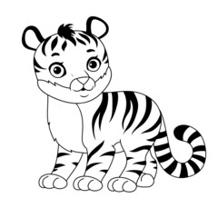 Cute tiger black and white vector illustration isolated on white. Clipart  for nursery poster, t-shirt print, kids apparel, greeting card, label, or sticker. 
