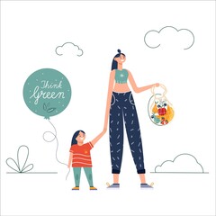 Young women carrying eco natural bags with purchases. Caring for the environment, Zero waste, vegetarianism,. ecological grocery shopping, reusable friendly shopper basket with vegetables and fruits