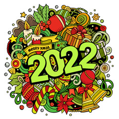 2022 hand drawn doodles illustration. New Year objects and elements poster