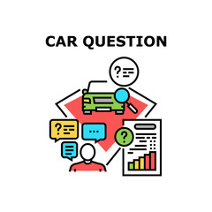 Car Question Vector Icon Concept. Car Question For Technical Condition And Credit Payment In Bank. Driver Researching And Asking About History. Buyer Examining And Buying Automobile Color Illustration