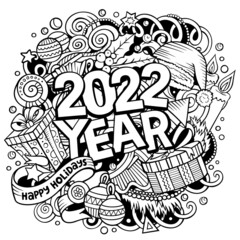2022 hand drawn doodles illustration. New Year objects and elements poster