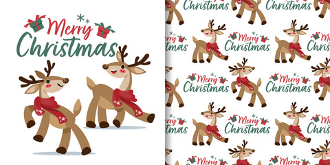 Christmas holiday season banner with Merry Christmas text and seamless pattern of cute reindeers wear red scarf with gift box and snowflakes on white background. Vector illustration.