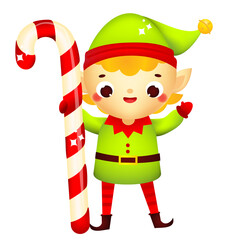 Christmas elf. Cute Santa's helper holding big candy cane. Cartoon character for new Year greeting design
