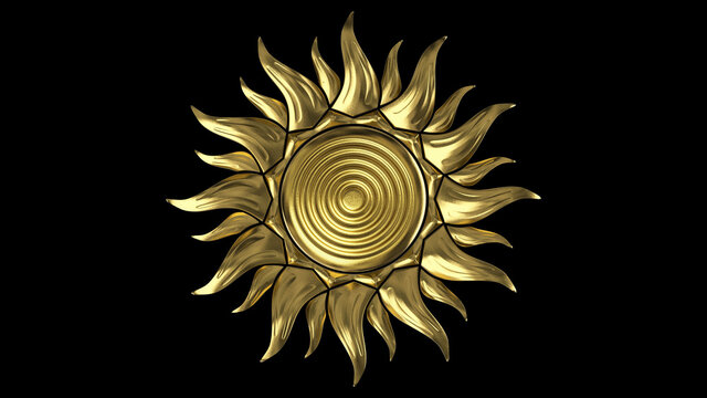 The golden sun. The rays rotate in a circle. On a black background. 3D render