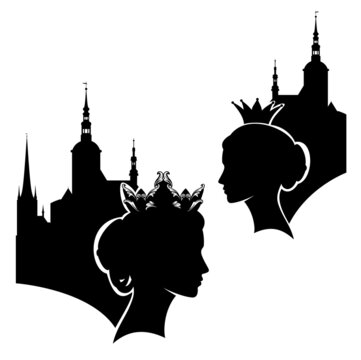 fairy tale medieval queen or princess profile head silhouette and castle towers outline - beautiful royal female wearing crown black vector side view portrait