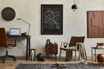 Creative composition of elegant masculine home office interior with mock up poster frame, brown...