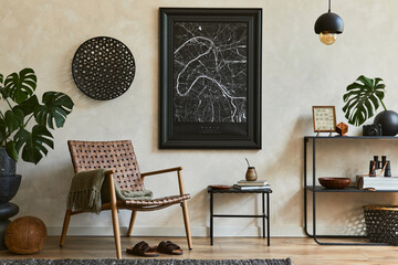 Creative composition of elegant masculine living room interior design with mock up poster frame,...