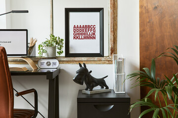 Stylish composition of modern masculine home office workspace interior with black industrial desk,...
