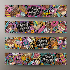 Cartoon cute doodles Desserts horizontal banners set