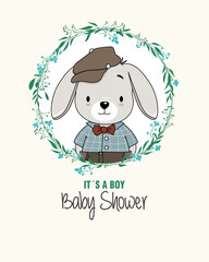 Baby shower card. Cute rabbit inside flower frame. Isolated vector