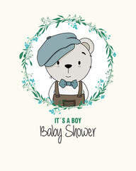 Baby shower card. Cute bear inside flower frame. Isolated vector