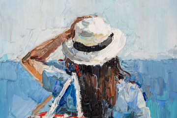 Beautiful tanned girl on a beach vacation on the background of the sea. Dressed in shorts and a white hat. Oil painting on canvas. - obrazy, fototapety, plakaty