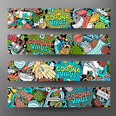 Cartoon cute doodles Coronavirus horizontal banners set