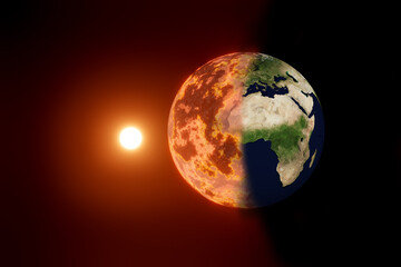 Obraz na płótnie Canvas Klimawandel, globale Erwärmung Konzept. Erdball verbrennt durch die Sonneneinstrahlung. Erdkarte von NASA gov. 3D illustration.