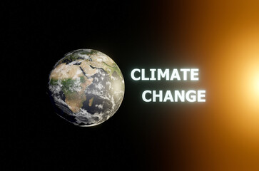 Erdball mit den Worten Climate Change und dem glühenden Schein der Sonne vom rechten Bildrand aus. Klimawandel Konzept. Erdkarte von NASA gov. 3D illustration.