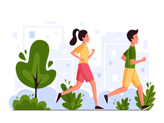 Couple runners outdoor. Man and woman running in the park. Illustration for marathon, city run, training, cardio exercising. Flat vector illustration.