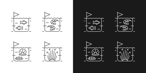 Commercial sea product farming linear icons set for dark and light mode. Shrimp, fish growing. Pearl extraction. Customizable thin line symbols. Isolated vector outline illustrations. Editable stroke