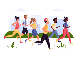 Marathon runners. Men and women running outdoor. Illustration for marathon, city run, training, cardio exercising. Flat vector illustration.

