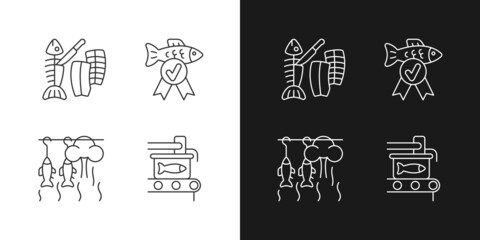 Fish products preparation linear icons set for dark and light mode. Fish smoking and canning. Carving fillet. Customizable thin line symbols. Isolated vector outline illustrations. Editable stroke