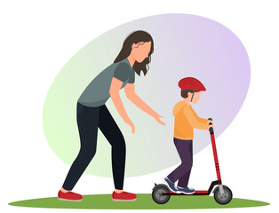 Woman (mother) teaches boy (son) in the helmet to ride a scooter, sport life concept, family concept, flat vector illustration