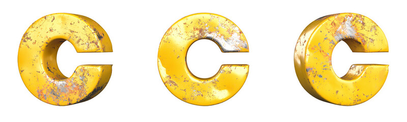 Letter C from alphabet set of metallic yellow grunge letters. Isolated. 3D Rendering