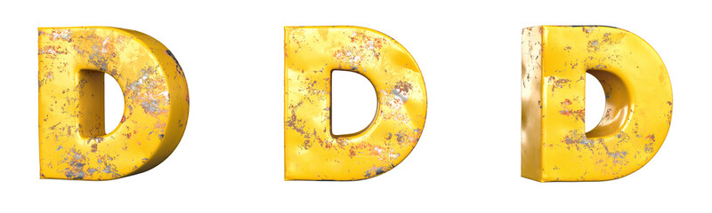 Letter D from alphabet set of metallic yellow grunge letters. Isolated. 3D Rendering