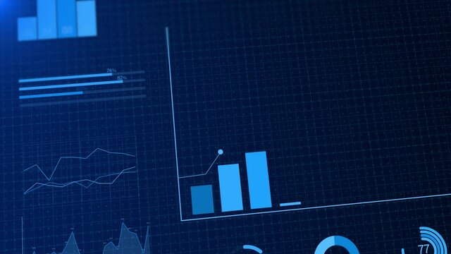 4K Graphs and charts across a screen showing data visualizations and information Loop Background. Sheets with numbers and financial charts scrolling. business and finance. Data analysis corporate