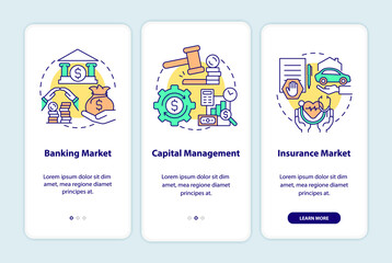 Financial law spheres onboarding mobile app page screen. Capital management walkthrough 3 steps graphic instructions with concepts. UI, UX, GUI vector template with linear color illustrations