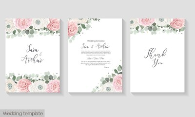 Fototapeta na wymiar Vector floral template for a postcard. Invitation card. Pink and white roses, Asian buttercup, eucalyptus, green plants and flowers.