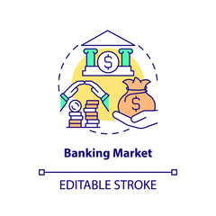 Banking market concept icon. Issuing loans. Opening deposit. Financial support. Banking services abstract idea thin line illustration. Vector isolated outline color drawing. Editable stroke