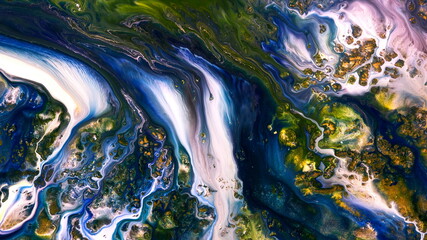 Fluide liquide art acrylic oil paints texture. Backdrop abstract mixing paint effect. Liquid colored acrylic artwork flows splashes. Fluid art texture overflowing colors