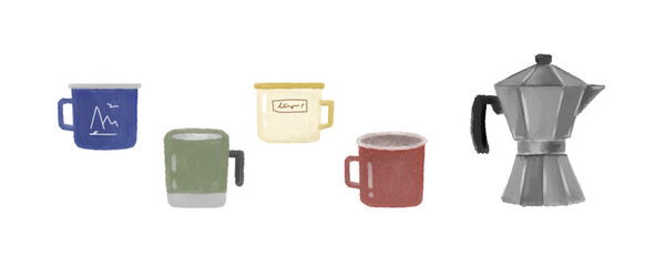 コーヒーカップとマキネッタのイラスト　キャンプ用品