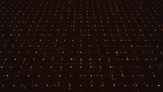 Abstract digital lines randomly moving among spots in a dark technological space. Animation. Flowing narrow stripes in a grid, seamless loop.