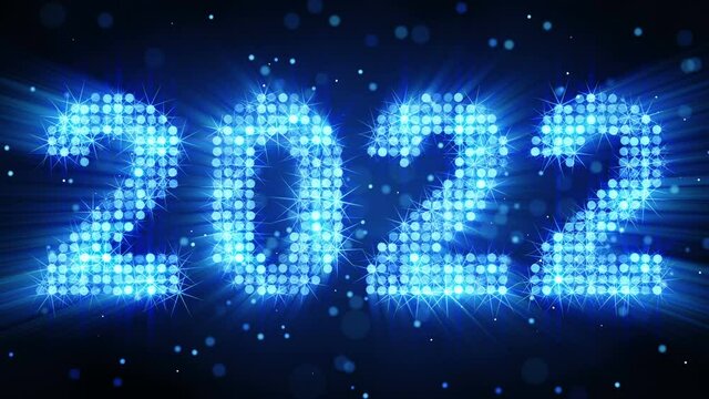 Text 2022 of glow blue particles. New year greeting. 3D render animation. Last 10 seconds are loopable