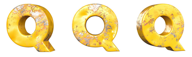 Letter Q from alphabet set of metallic yellow grunge letters. Isolated. 3D Rendering