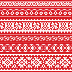 Sami vector seamless pattern, Lapland folk art, traditional knitting and embroidery design in white on red background
 