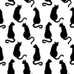 Fototapeta na wymiar vector pattern with black silhouettes of cats in different poses, view from the back on a white background