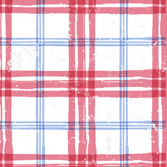 Watercolor tartan vector seamless pattern. Check plaid print in blue red white colors. Art ink grunge texture background