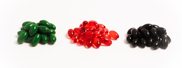 Medicinal capsules for female and male health, biodegradable supplements and vitamins for heart health and contraceptives isolated on white background, pills and medications