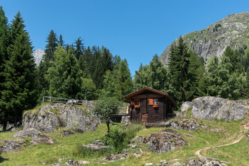 Fototapeta na wymiar Mountain hut between Bellwald and Aspi-Titter Suspension bridge near Fieschertal