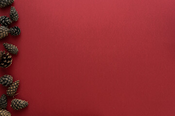 Christmas composition. Spruce cones on a red background. Flat lay, top view, space for text