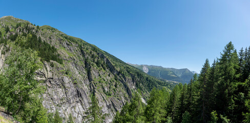 Fototapeta premium Landscape between Bellwald and Aspi-Titter suspension bridge near Fieschertal