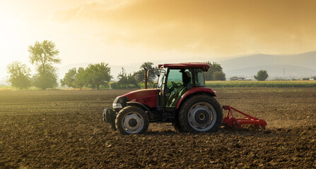 Fototapeta premium Farming working. Tractor is preparing the soil for planting over sunrise sky background.