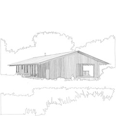 Architectural drawing of a wooden house in nature. Countryside. Modern wooden house.