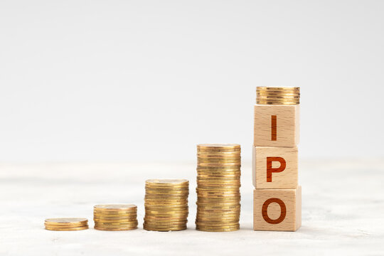 Raising money from IPO. Stacks of coins, steps up