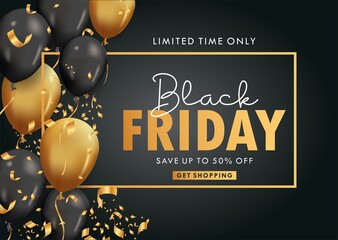 Black friday sale background with golden balloons and flying serpentine.