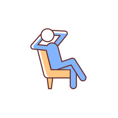 Relax RGB color icon. Man sitting in relaxed pose. Human taking break from work. Person sitting in armchair with legs crossed. Isolated vector illustration. Simple filled line drawing