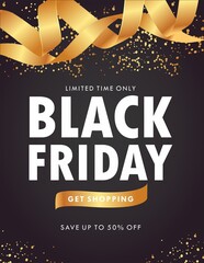 Black Friday luxury sale banner background with golden confetti decoration, vector promo design elements.