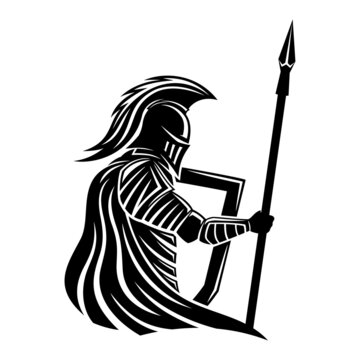 Knight icon with spear and shield on white background.